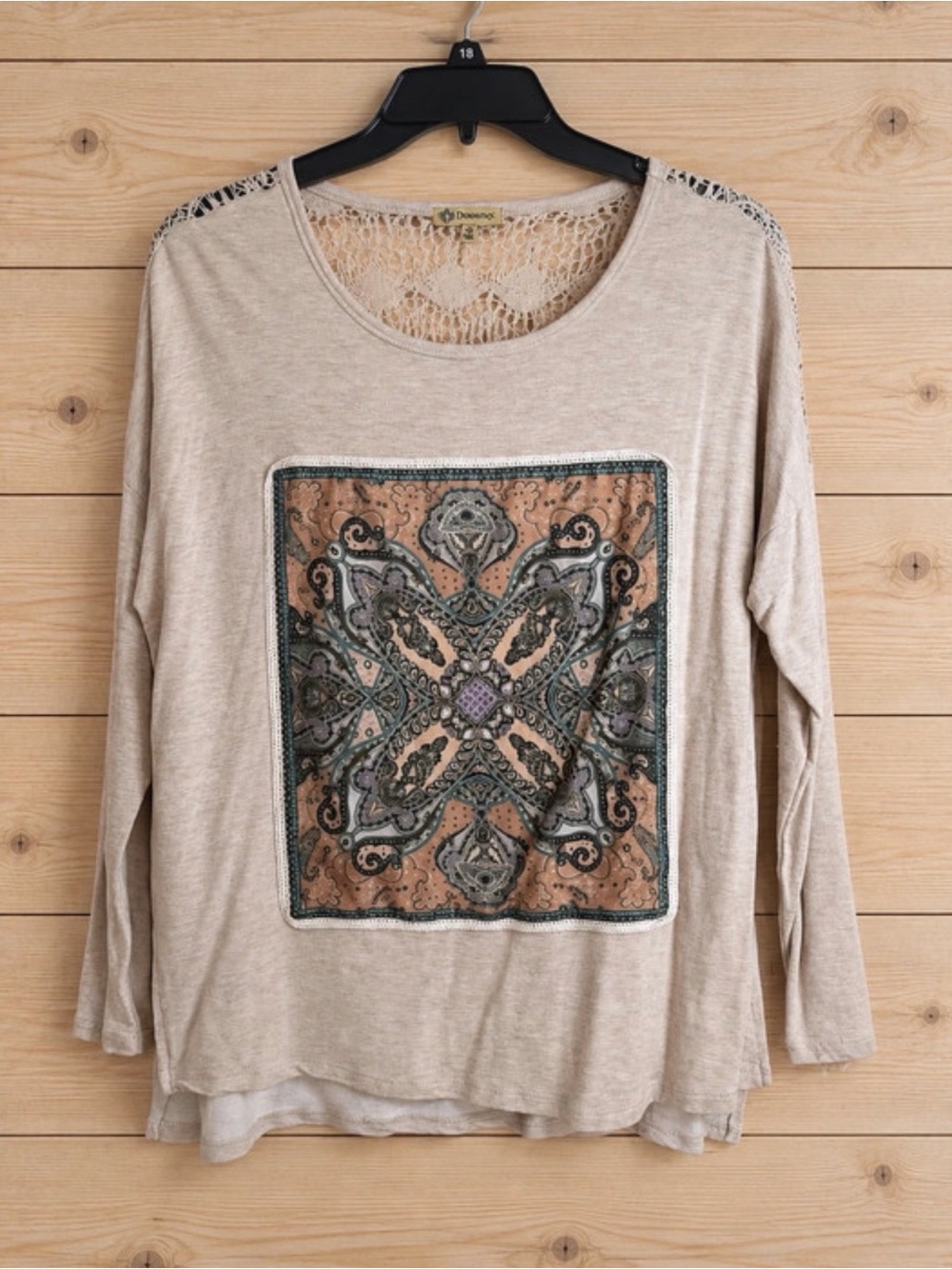 Democracy Women’s Beige Crochet Back Long-Sleeve Top with Paisley Panel